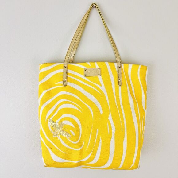 Handbags - Rare Kate Spade Queen Bee Bon Shopper Yellow & White Tote Bag w/ Leather Handles